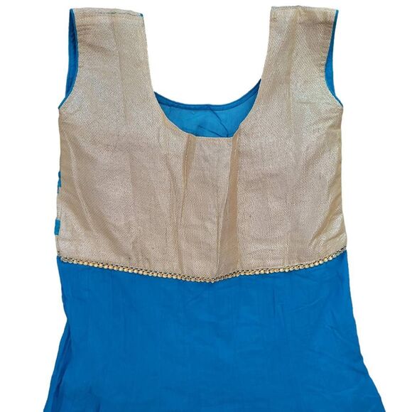 India Gold Border Sky Blue Turquoise Beads & Rhinestones Anarkali Long Dress - Picture 8 of 9